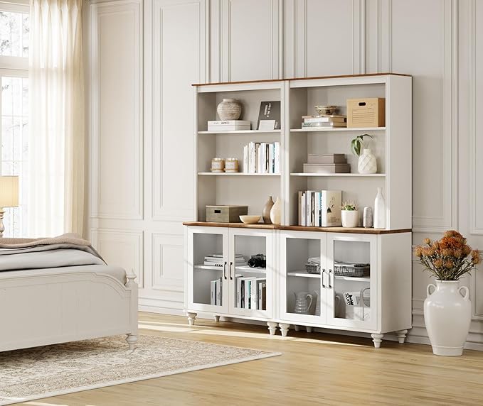 WAMPAT 5 Tier Wooden Bookcase 72" Tall Bookshelf with Adjustable Shelves and Storage Cabinet，Library Wood Bookshelves for Living Room, Study Room, Bedroom, White