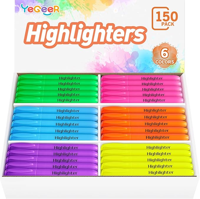Highlighters, Chisel Tip Dry-Quickly Highlighter Markers, 150 Count-6 Assorted Colors Highlighters Bulk Pack for Adult Kids, Office Classroom Must Have, School Supplies for Teachers