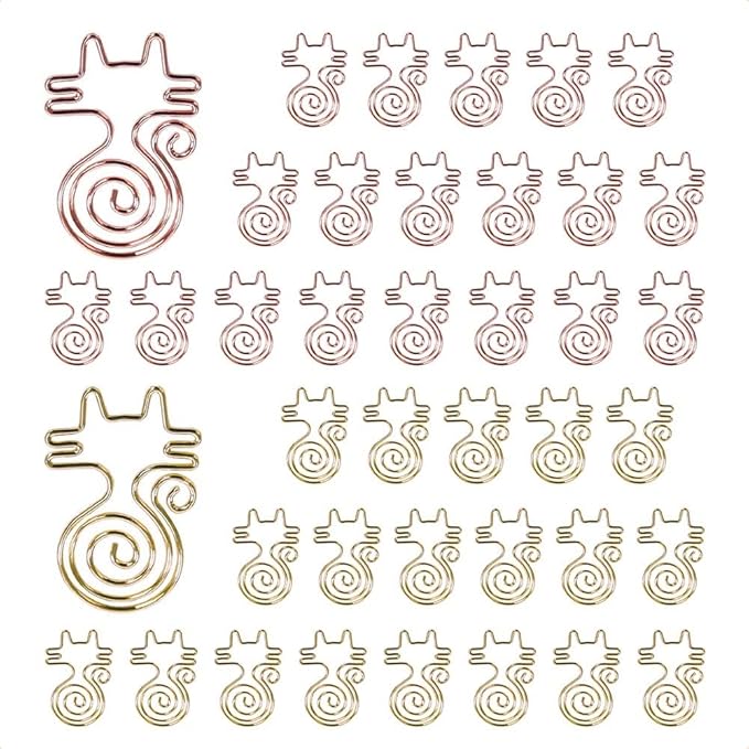 OWLFAVO 40pcs Cat Shape Paper Clips with Clear Box, Rose Gold and Yellow Gold, Funny Cute Paperclips Bookmarks Planner Clips for Fun Office Supplies School Gifts Wedding Decoration