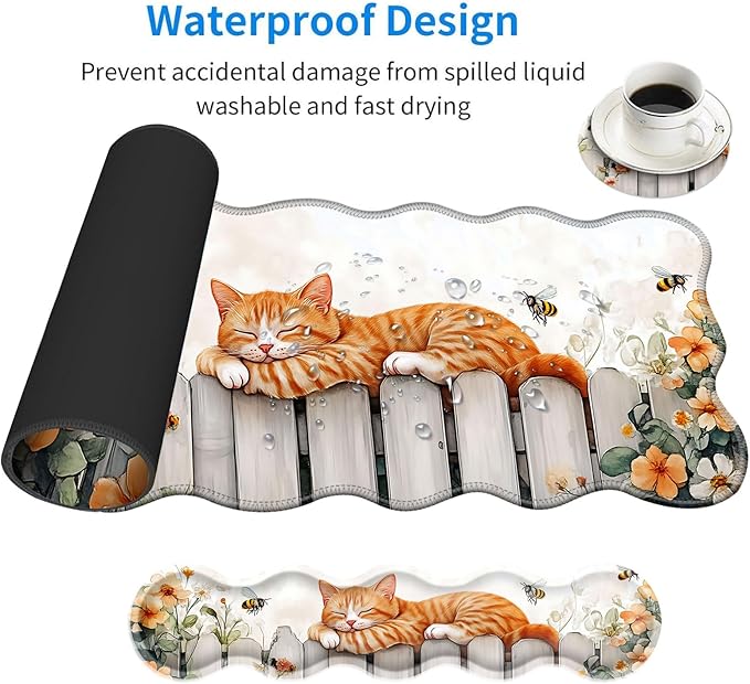 Large Mouse Pad and Keyboard Wrist Rest, Desk Pad for Keyboard and Mouse, 4-in-1 Large Gaming Mouse Pad with Wrist Support, Desk Mat for Home Office Study Game-Sleeping Cat on Fence