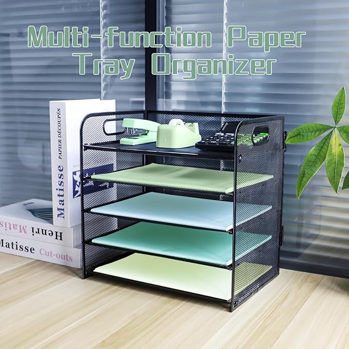Paper Letter Tray with Handle, 2 Pack 5 Tier Metal Mesh Desk File Organizer, A4 Paper Desktop Filing Trays, Desk Tidy Magazine Document Holder for Home Office, Black