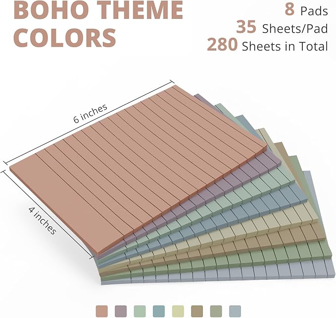 Lined Sticky Notes, 8 Pads, 4x6 inches Aesthetic Sticky Note Pads with Lines, Neutral Boho Self-Stick Note Pads, Perfect for Office Home School Desk Accessories, 35 Sheets/pad - Vintage Colors