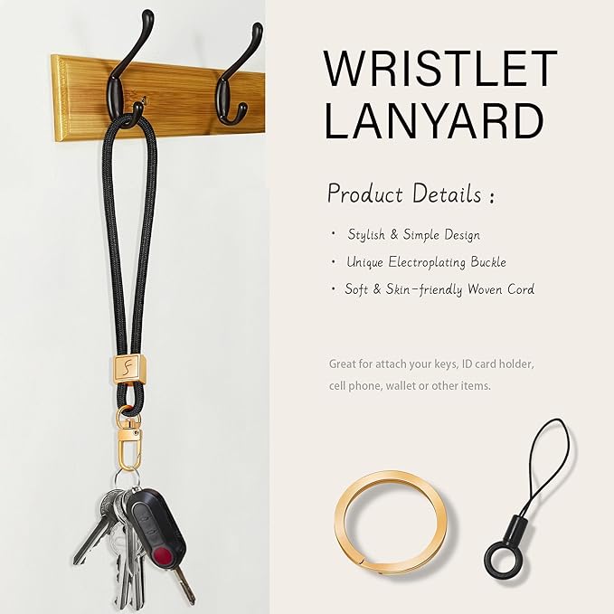 Fishent Keychain Wristlet lanyard, Cute Key Chain Holder, Upgraded Woven Wrist Lanyard for Keys, Wristlet Strap Keychain for Women Men Car Keys ID Badges Card Wallet Phone (Black)