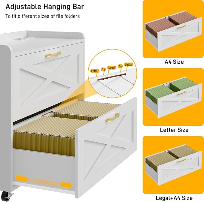 Lateral File Cabinet 2 Drawer Mobile File Cabinet with Charging Station for Legal/Letter/A4 Size Hanging Files, Modern Farmhouse Large Wood File Storage Cabinet for Home Office Furniture(Simple White)