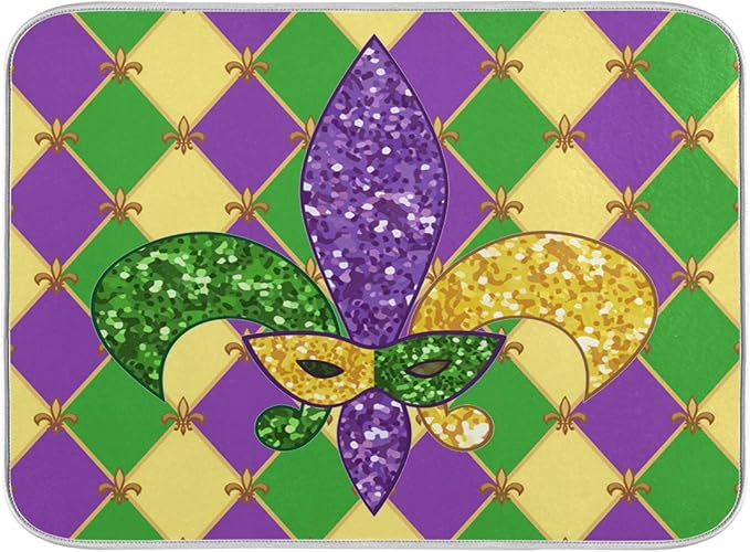 Mardi Gras Fleur De Lis Dish Drying Mat 16 X 18 Inch Rhombus Carnival Mask Absorbent Microfiber Dry Dishes Pads Tableware Mats Protector for Kitchen Countertops Counter Home Decorations