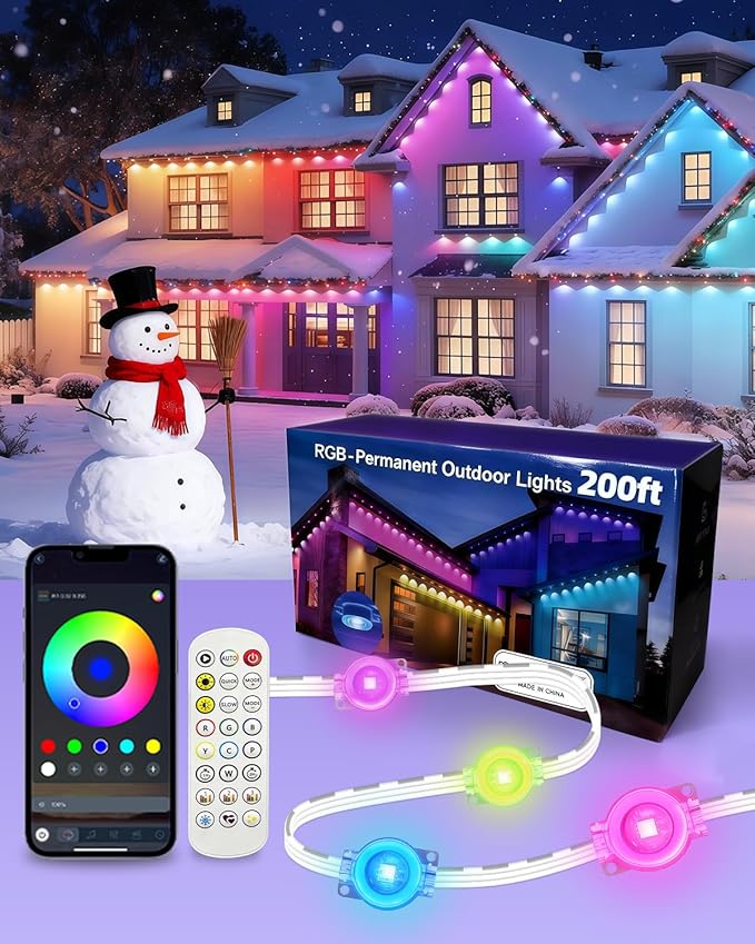 oneup 200FT Permanent Outdoor Lights for House, RGB+IC Smart LED Eave Light IP67 Waterproof, DIY Scene Modes, App Voice Control, DIY Timer, for Christmas Holiday Party Outside Decor