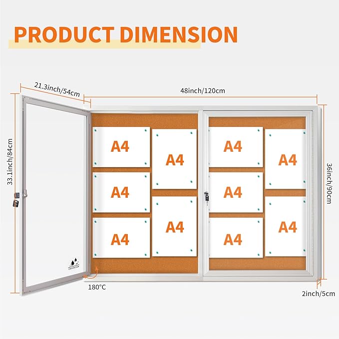 Lockable Outdoor Enclosed Bulletin Board, Weatherproof Cork Noticeboard with Locking Door, Wall-Mounted Aluminum Framed Display Case for Messages (Silver Frame & Cork, 44x32 in)