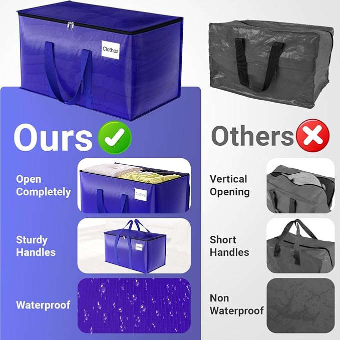 Moving Storage Bags, Moving Supplies Packing Boxes for Moving, Camping, College Dorm Room Essentials for Girls, Blue Tote Bags, Heavy-Duty Storage Bins With Lids And Zippers, 125L 6 Pack