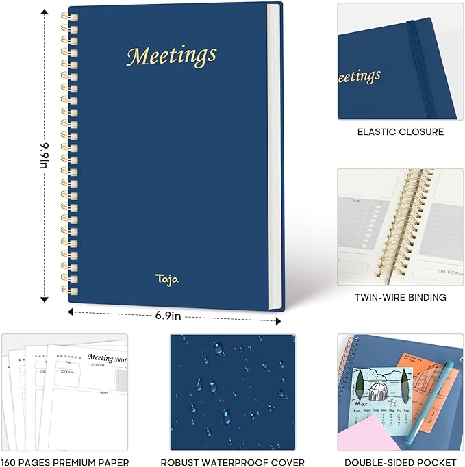 Meeting Notebook for Work Organization - Work Planner Notebook with Action Items, Agenda Planner for Note Taking, 160 Pages (6.9" X 9.9") Project Organizer for Men & Women - Navy Blue