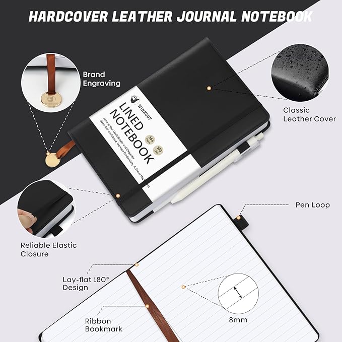 Lined Journal Notebook, 366 Pages, 100Gsm Leather Hardcover Journals for Writing Thick A5 College Ruled Classic Notebook with Pen Loop, Daily Journal for Women Men, 5.75'' X 8.38'', Black