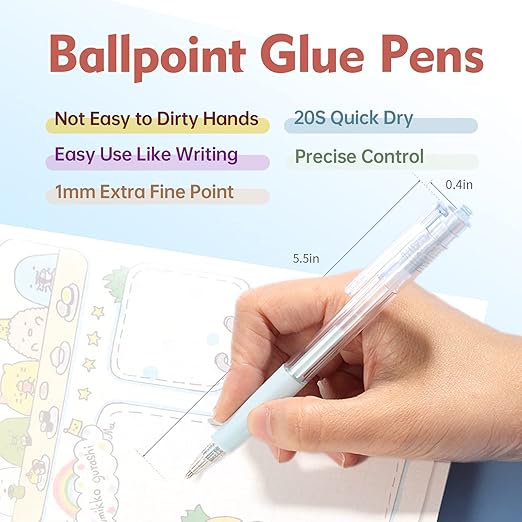 Fine Tip Glue Pen, 6 pcs Quick Dry Glue Pens with 12 Refills, Apply Glue Like Writing, Easy Use Precise Control, Ballpoint Glue Pen for Crafting, Scrapbooking, Card Making, Foil Calligraphy