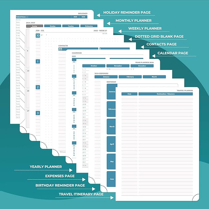 Weekly Monthly 2025-2026 Planner (July 25-Dec 26),11.5"x8.5",18 Months Agenda Plan with Month Tabs & Pocket,Expenses/Note Pages, Academic Calendar with Vegan Leather Cover,Light Blue