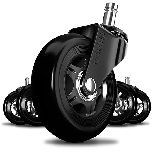 Lifelong Office Chair Wheels Replacement Rubber Chairs Casters for Hardwood Floors and Carpet, Set of 5, Heavy Duty Desk Casters for Chairs to Replace Office Chair Mats - Universal Fit