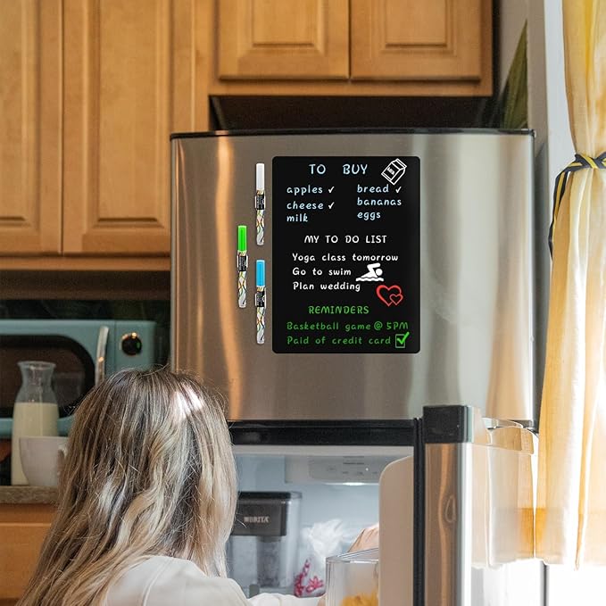 Magnetic Black Dry Erase Board Sheet 12" x 8" for Fridge, Easy to Read with 3 Bright Colors Chalk Markers, Small Refrigerator Magnet Whiteboard for Family Planner Grocery List