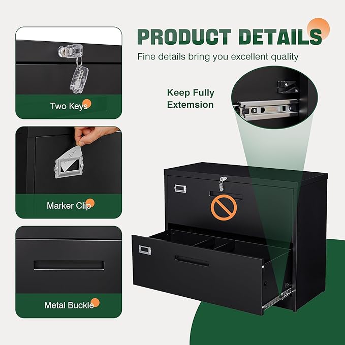 Letaya Metal Lateral File Cabinets with Lock,2 Drawer Steel Wide Filing Organization Storage Cabinets,Home Office Furniture for Hanging Files Letter/Legal/F4/A4 Size (Blcak-2 Drawer)