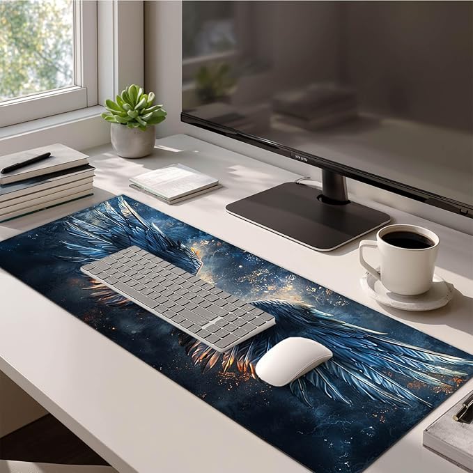 Large Mouse Pad XL 31.5 x 11.8 Inch Black Blue Flame Wing Gaming Desk Mat Extended Keyboard Pad Computer Desk Pad Waterproof Non Slip Mouse Pads for Desktop Office Accessories