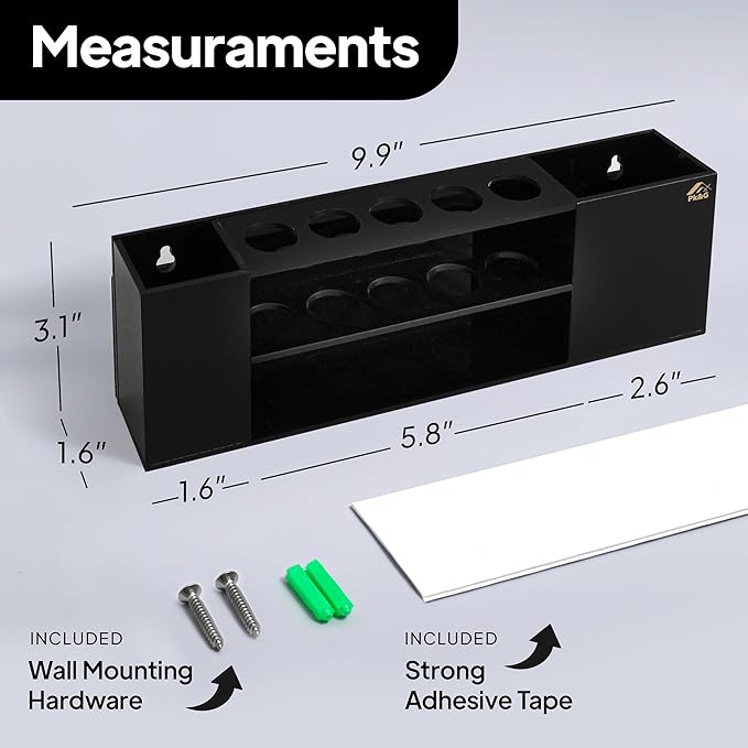 Slim Magnetic Dry Erase Marker Holder for Whiteboard, Space Saving Pen Organizer with Glass and Wall Mount Accessories for Fridge, Office, and School. Markers, Eraser, Cleaner Not Included (Black)