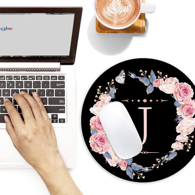 Letter J Black and Pink Flowers Round Mouse Pad, Funny Small Mouse Mat with Non-Slip Rubber Base, Home Office Decor Desk Accessory, 8.7 inch Round