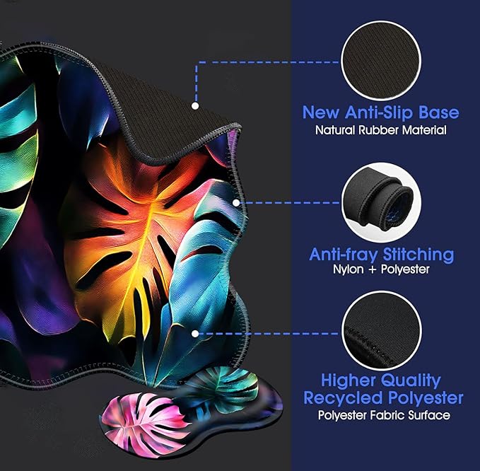 Large Mouse Pad and Keyboard Wrist Rest, Desk Pad for Keyboard and Mouse, 4-in-1 Large Gaming Mouse Pad with Wrist Support, Desk Mat for Home Office Study Game-Colorful Tropical Leaf