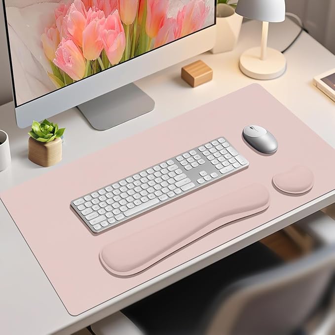 Mouse Pad and Keyboard Wrist Rest, Large Keyboard and Mouse Pad Set, Ergonomic Mousepad with Wrist Rest, Non-Slip Desk Mat Protector for Office, Home (31.5×15.7 Inches, Pink)