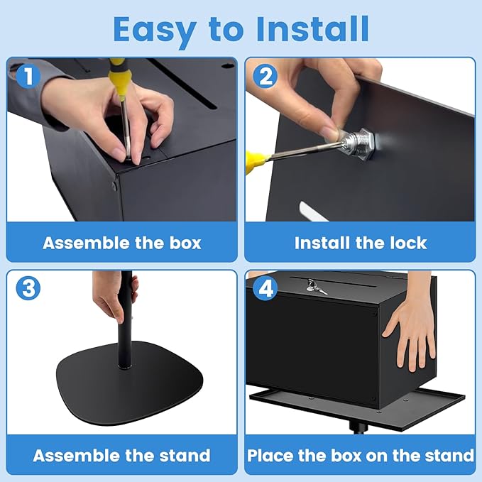 Metal Suggestion Box with Stand Floor Standing Donation Box with Lock and Key Heavy-Duty Collection Case for Charity Home Office Church Elections, Black