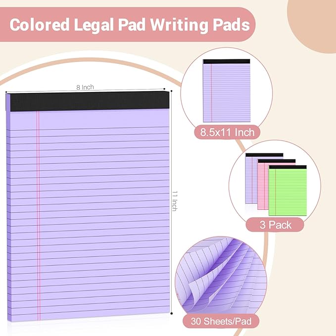 Legal Pads 8.5 x 11 Colored Notepad, 3 Pack Note Pads Wide Ruled Lined Paper, Micro Perforated Writing Pads Legal Pad, 30 Sheet/Note Pads, Notebook Paper Tablet for School, Pink Legal Pad 8.5 x 11