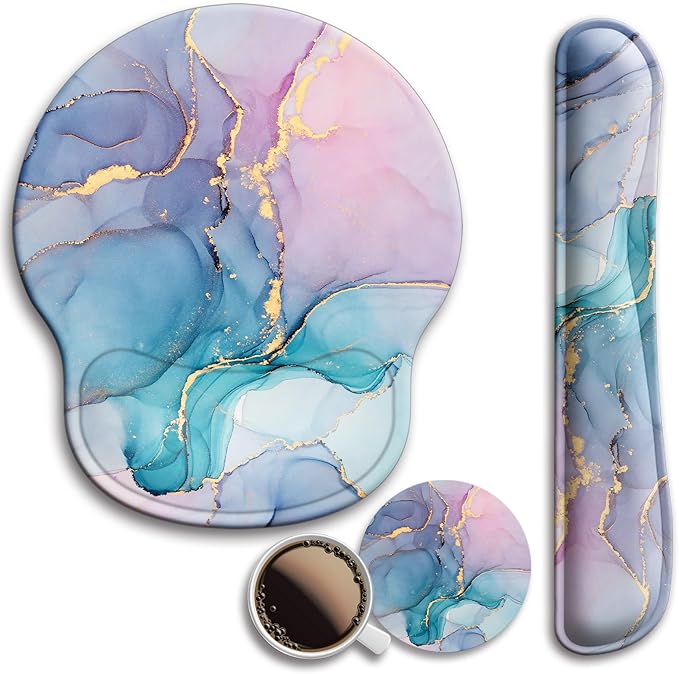 Mouse Pad and Keyboard Wrist Rest Support, with Non-Slip PU Base,Gel Mouse Pad with Coaster,Pain Relief for Gaming, Computer,Office -Blue Marble