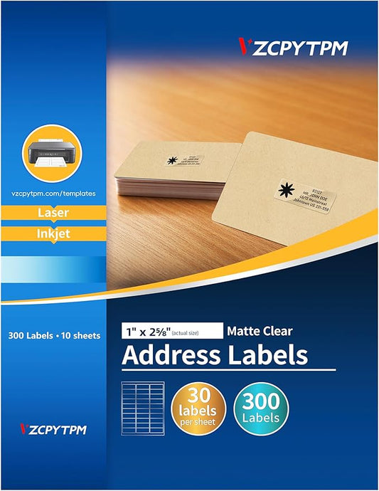 Printable Address Labels,1" x 2-5/8" for Printer,300 Total Label,Matte Clear Mailing,Waterproof Return Address Labels for Envelopes,Packaging,Office or Home Use