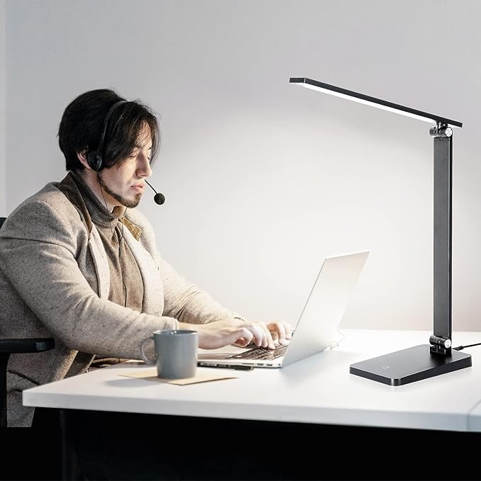 LED Desk Lamp for Home Office, 3 Levels Dimmable Desk Light with USB Charging Port, Small Study Lamp, Reading Light for Table, Black, 5000K