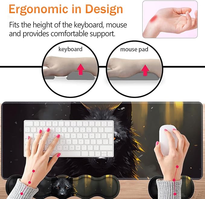 Large XXL Gaming Desk Mat 31.5"x 11.8", Ergonomic Keyboard Wrist Rest & Mouse Pad Wrist Rest + Coaster Set, Non-Slip Base, Memory Foam, Office and Home, Black Wolf