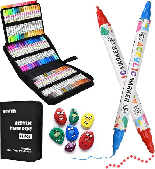 72 Colors Acrylic Paint Pens, Dual Tip Acrylic Paint Markers for Paper, Wood, Canvas, Stone, Rock Painting, Glass, Fabric, DIY, Ceramic, Art Supplies for Kids and Adults Drawing (Dot + Fine)