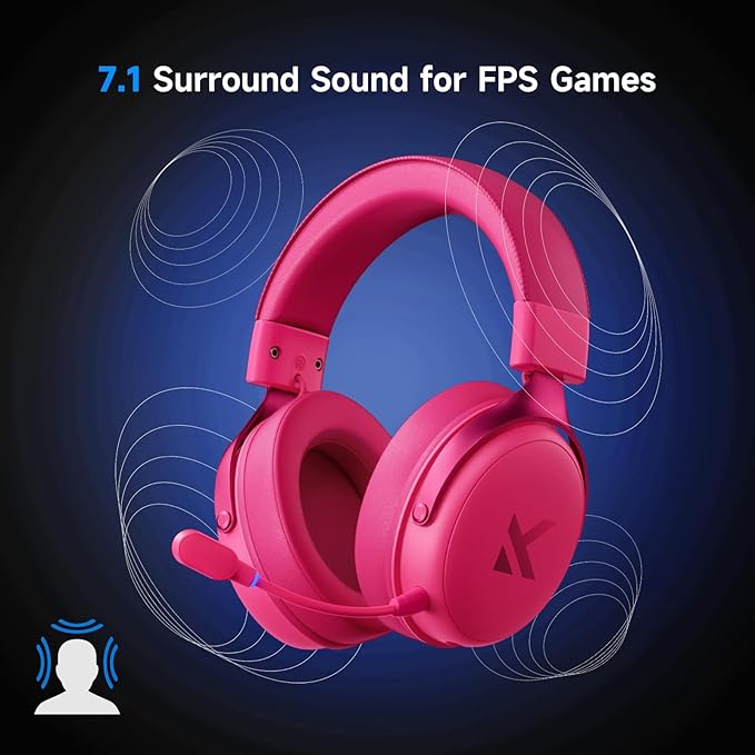 MCHOSE V9 PRO Wireless Gaming Headset 7.1 Surround Sound for PS5 PS4 PC Switch TOPSPEED Gaming Headphones, Noise Canceling Mic, 250Hr Battery, Low 15ms Latency, Lightweight, BT 5.3 FPS Games Rose&Red
