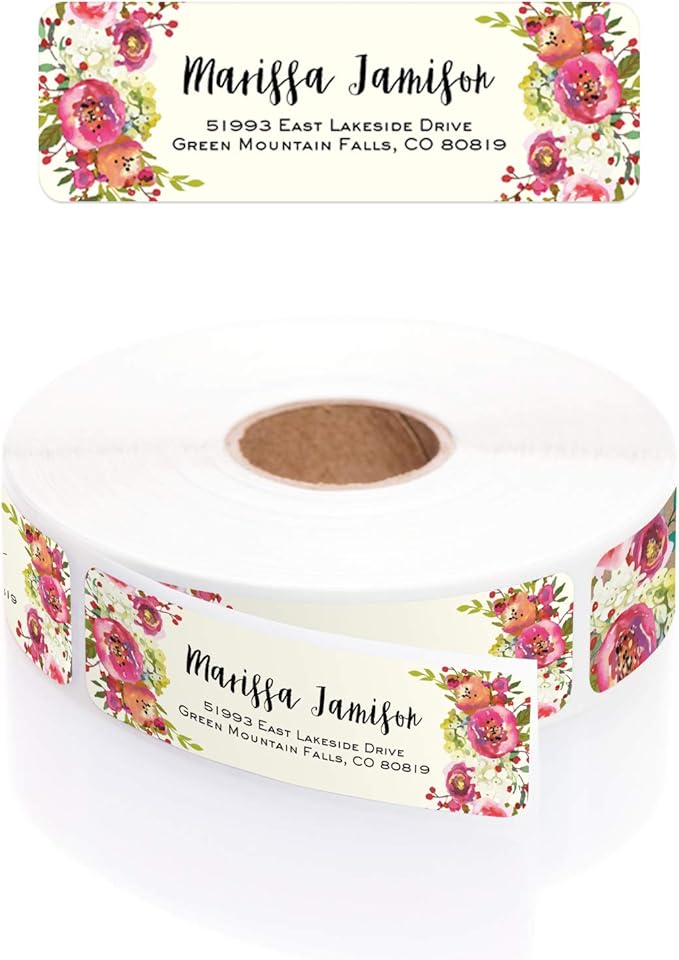 Vibrant Floral and Ivory Rolled Address Labels/Roll of 250 Personalized Address Labels/Designer Return Address Stickers in Elegant Plastic Dispenser