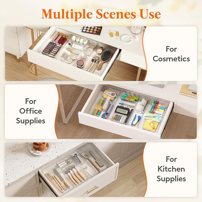 Lifewit 6 Pcs Large Bathroom Drawer Organizers, 3 Sizes Clear Plastic Storage Organizer Trays for Make Up, Kitchen Utensils, Vanity Accessories in Bathroom/Office/Dresser Organization