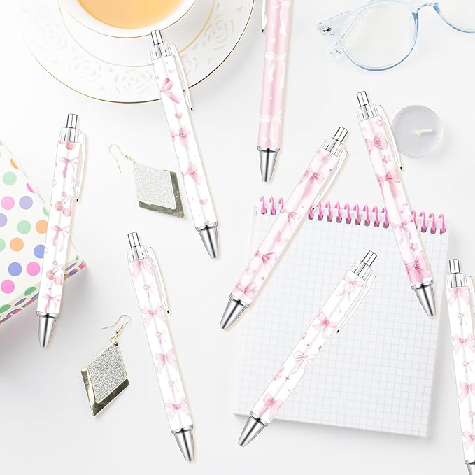 Coquete Bows Ballpoint Pens - 24PCS Pink Ribbon Bows Pens Set Cute Cherries Smooth Writing Pens Retractable Pink Conquette Bow Pen for Office Stationery School Supplies for Women Teacher Gifts
