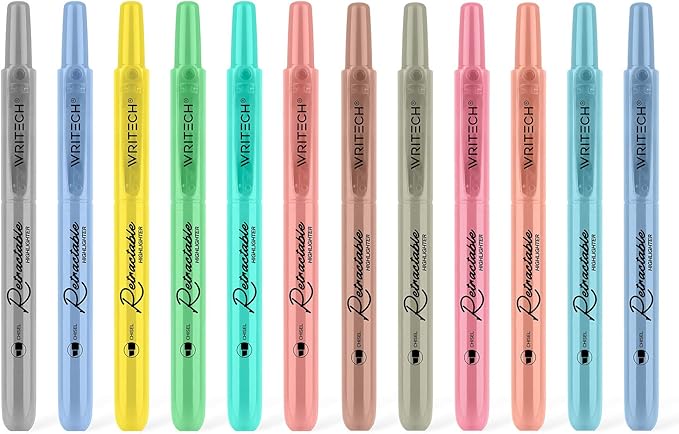WRITECH Retractable Highlighters Assorted Colors: Chisel Tip Click Aesthetic Highlighter Marker Pens Pack Multi Colored Ink No Bleed Smear for Highlighting Journaling (12ct Mild+Vintage)