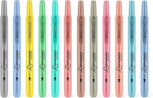WRITECH Retractable Highlighters Assorted Colors: Chisel Tip Click Aesthetic Highlighter Marker Pens Pack Multi Colored Ink No Bleed Smear for Highlighting Journaling (12ct Mild+Vintage)