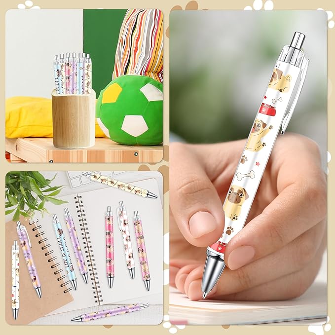 Pug Dog Ballpoint Pens Gifts 24 Pcs Cartoon Puppy Pen Set Animal Retractable Smooth Writing Ballpoint Pen Gift for Women Men Dog Lovers Teen Office Teacher Students Party Supplies