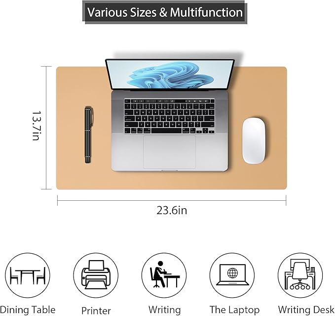 Leather Desk Pad Protector, Mouse Pad, Non-Slip Computer Mat for Desk, PU Leather Office Desk Mat for Home & Office, Waterproof Laptop Desk Blotter Pad for Keyboard and Mouse, Khaki (13.7''X23.6'')