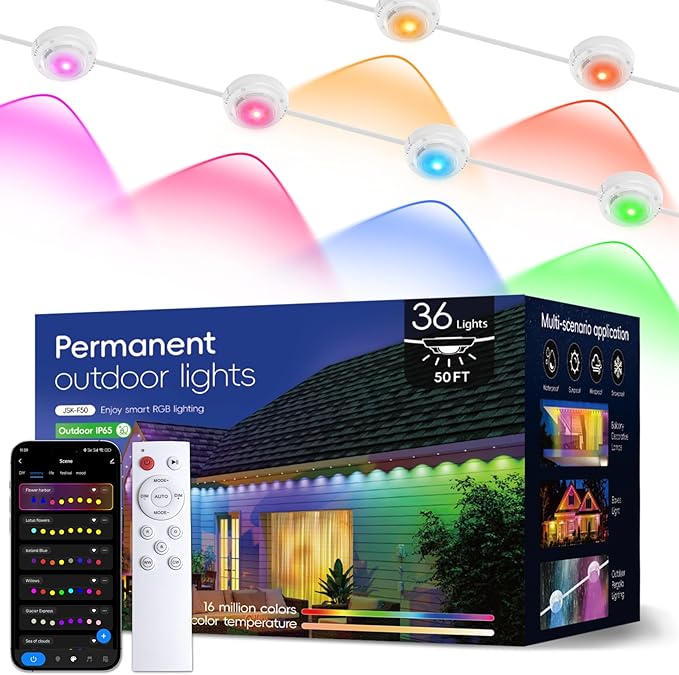 Permanent Outdoor Lights Pro, 50ft with 36 RGB LED Lights for Daily and Accent Lighting, IP65 Waterproof Smart Eaves String Lights with App & Remote, Rainbow Light for Halloween,Christmas -50FT