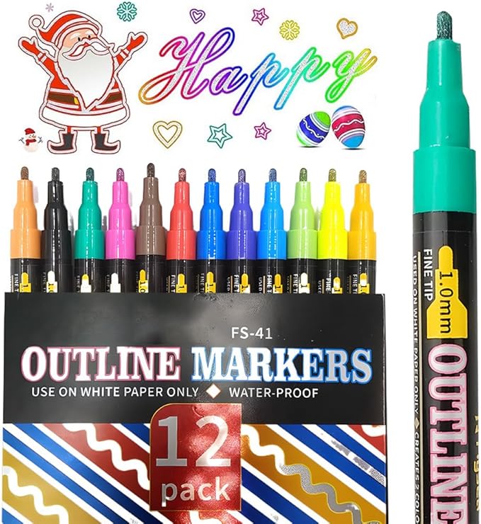Marker Pen for Highlight, 2026 New Double Line Outline Markers, Metallic Shimmer Glitter Pens Set, Art Supplies for Christmas Greeting Cards, Scrapbook Crafts, Doodling, DIY Art Crafts (12 Colors)