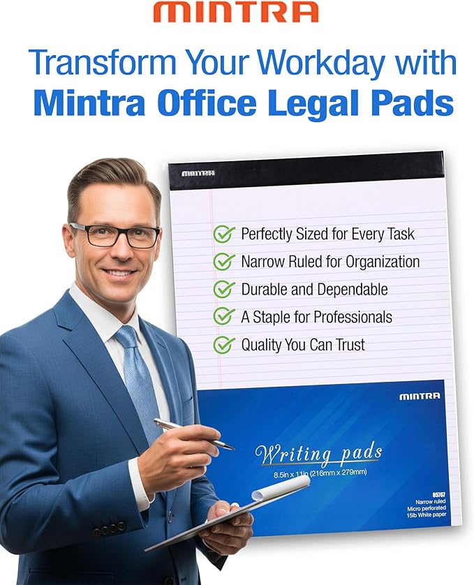 Mintra Office Legal Writing Pads – White Narrow Ruled Paper for Writing & Note-Taking – Ideal Notepads for Business, College, School & Office Use – 8.5" x 11" (6 Pack)