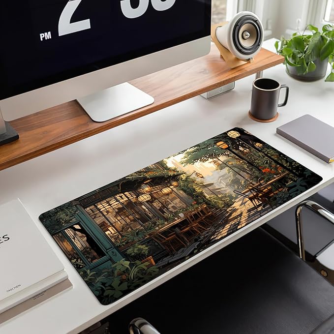 Nostalgic Peaceful Coffee Shop Desk Mat Retro Art Large Gaming Mouse Pad Anime Mousepad Extended XL Green Plants Aesthetic Desk Pad Laptop Keyboard Mouse Mat 31.5"x11.8" Cute Decor
