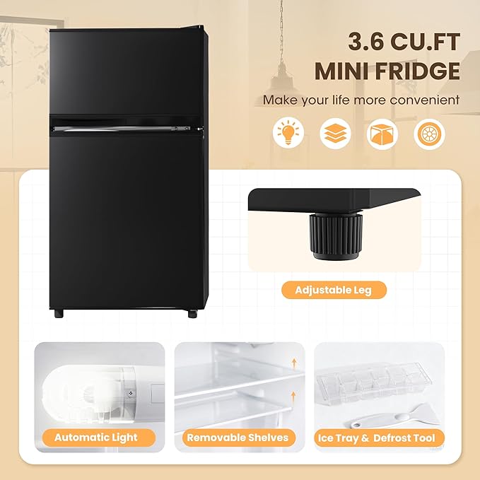 Manastin 3.6 Cu.Ft Mini Fridge with Freezer, Small Refrigerator with 2 Doors for Kitchen, Dorm, Office and Bedroom, Mini Refrigerator with Adjustable Shelves (Black)