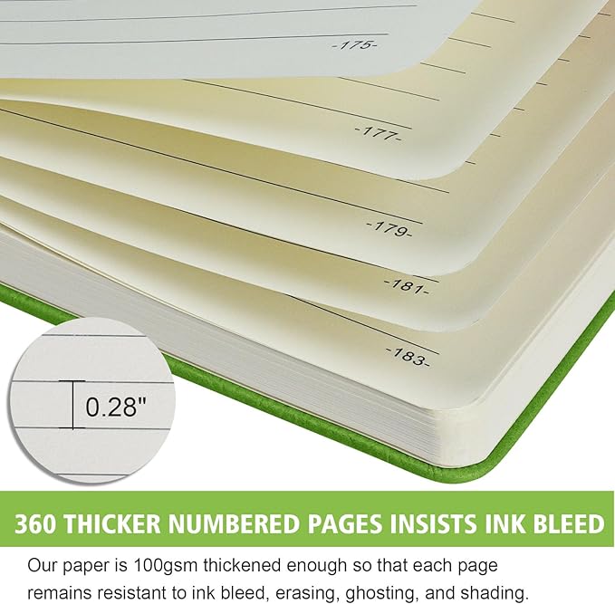 Lined Journal Notebook, 1 Pack (Grass Green), 360 Pages, 9.8 inches x 6.9 inches - 100 gsm Thick Paper, Hardcover