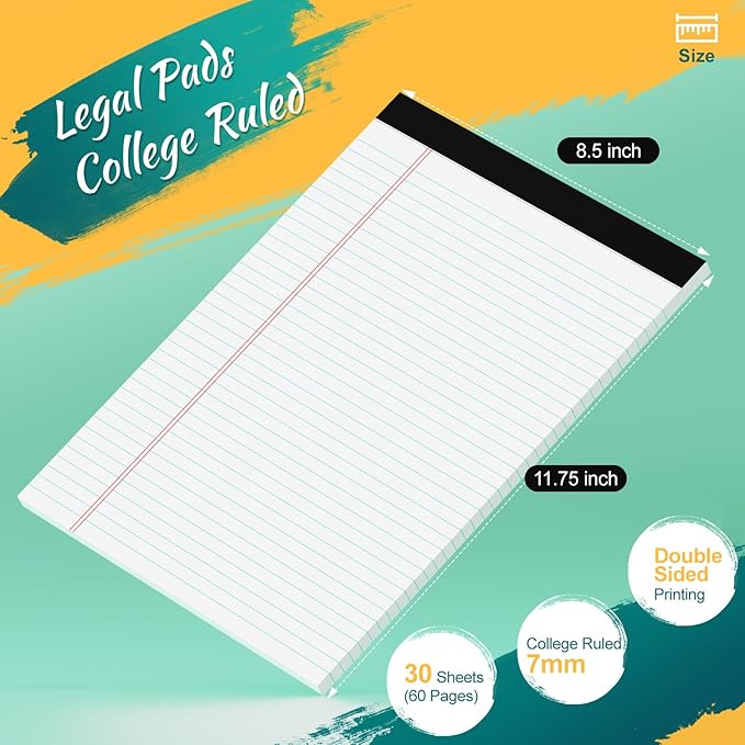 Legal Pads 8.5 x 11 Note Pads 8.5” x 11.75” College Ruled Writing Pads 80gsm Lined Paper, 30 Sheets per Pad, 12 Pack Perforated To-Do List Notepad Ideal for Office, Home, School
