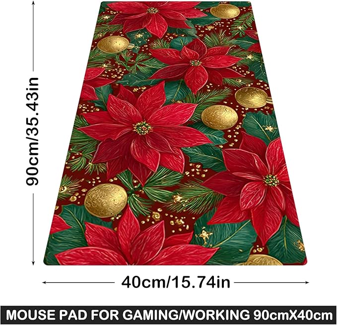 Nuxovilar Professional Large Mouse Pad & Computer Game Mouse Mat (35.4x15.7IN, Christmas Poinsettia & Gold Ornaments) (90 * 40cm Christmas Theme)