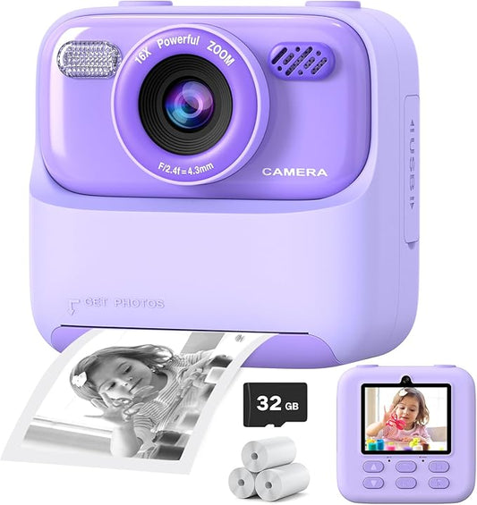 Kids Instant Digital Cameras for Boys and Girls, 1080P HD Dual-Lens Selfie Digital Camera with Print Paper & 32G Card, Christmas Birthday Gifts Toys for Toddler and Teenagers Age 3-16 Years Old