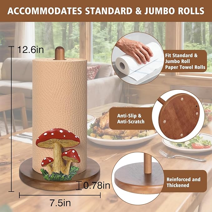 Mushroom Kitchen Decor, Cottage Core Decor, 3D Mushroom Gifts for Women, Cute Wooden Paper Towel Holder, Kitchen Accessories, Housewarming Gifts