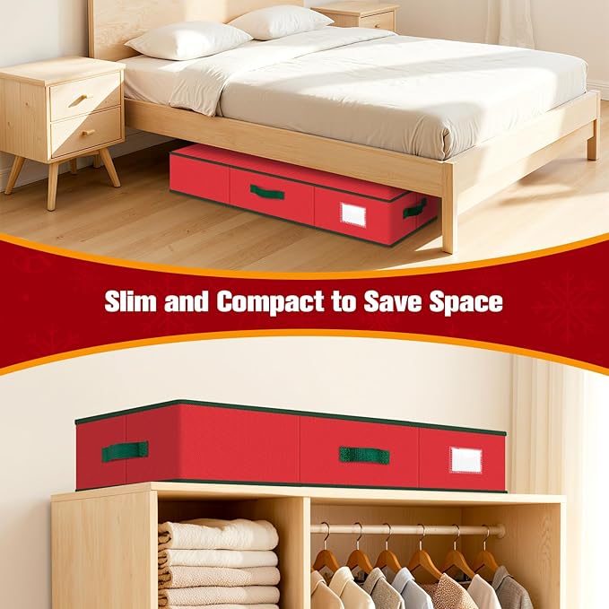 Wrapping Paper Organizer Storage, Christmas Wrapping Paper Storage for Christmas Decorations, Ribbon, Accessories, Underbed Gift Wrap Container with Flexible Partition, Interior Pockets(Red)